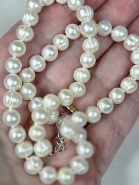 vtg freshwater baroque white pearl necklace 16-18in sterling silver clasp 8mm